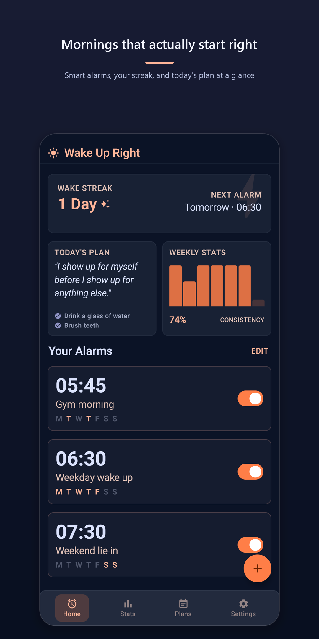 Wake Up Right Free — home screen with alarms, wake streak, and today's plan