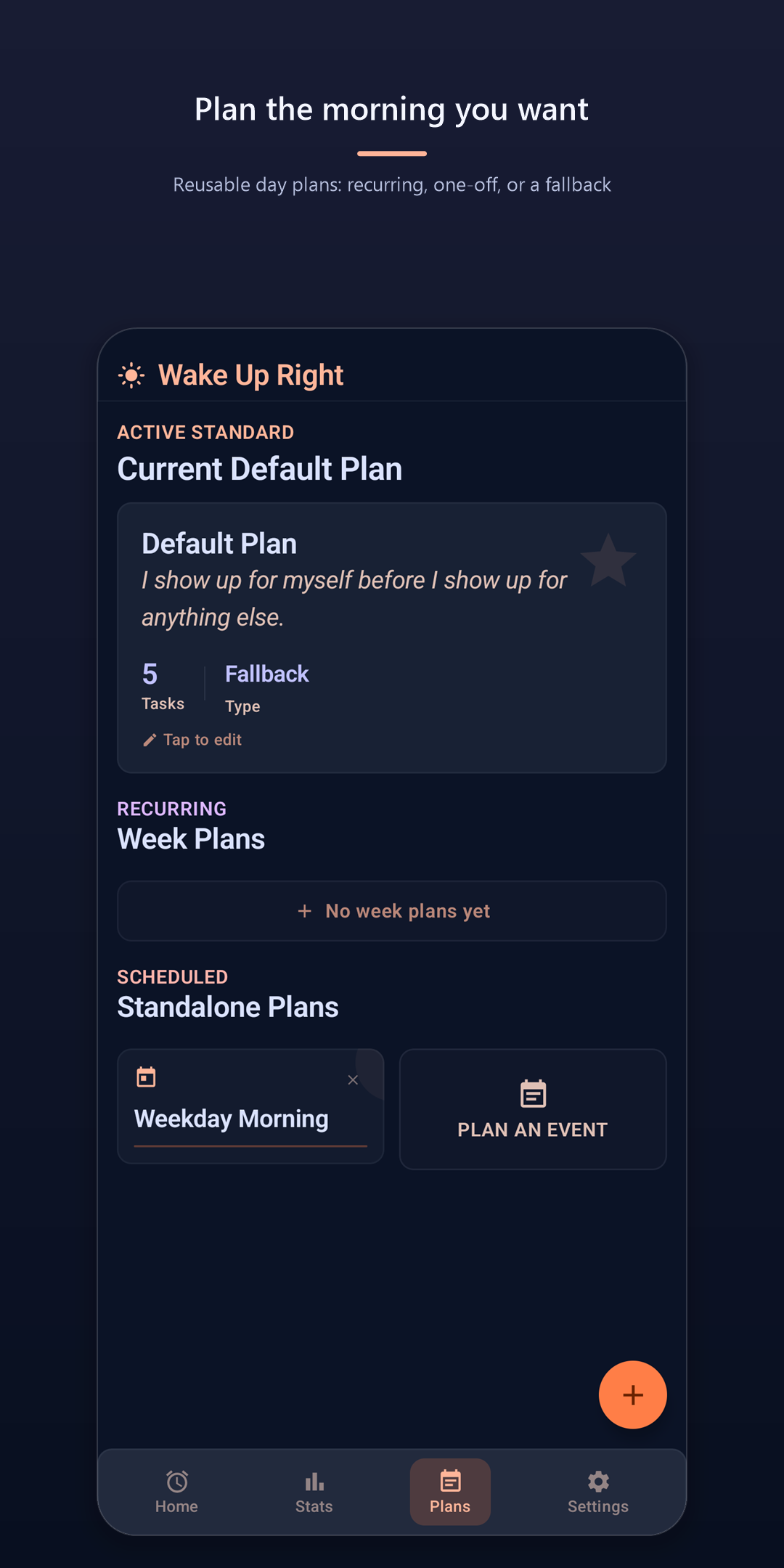 Wake Up Right Free — day plans: default, recurring week, and standalone plans