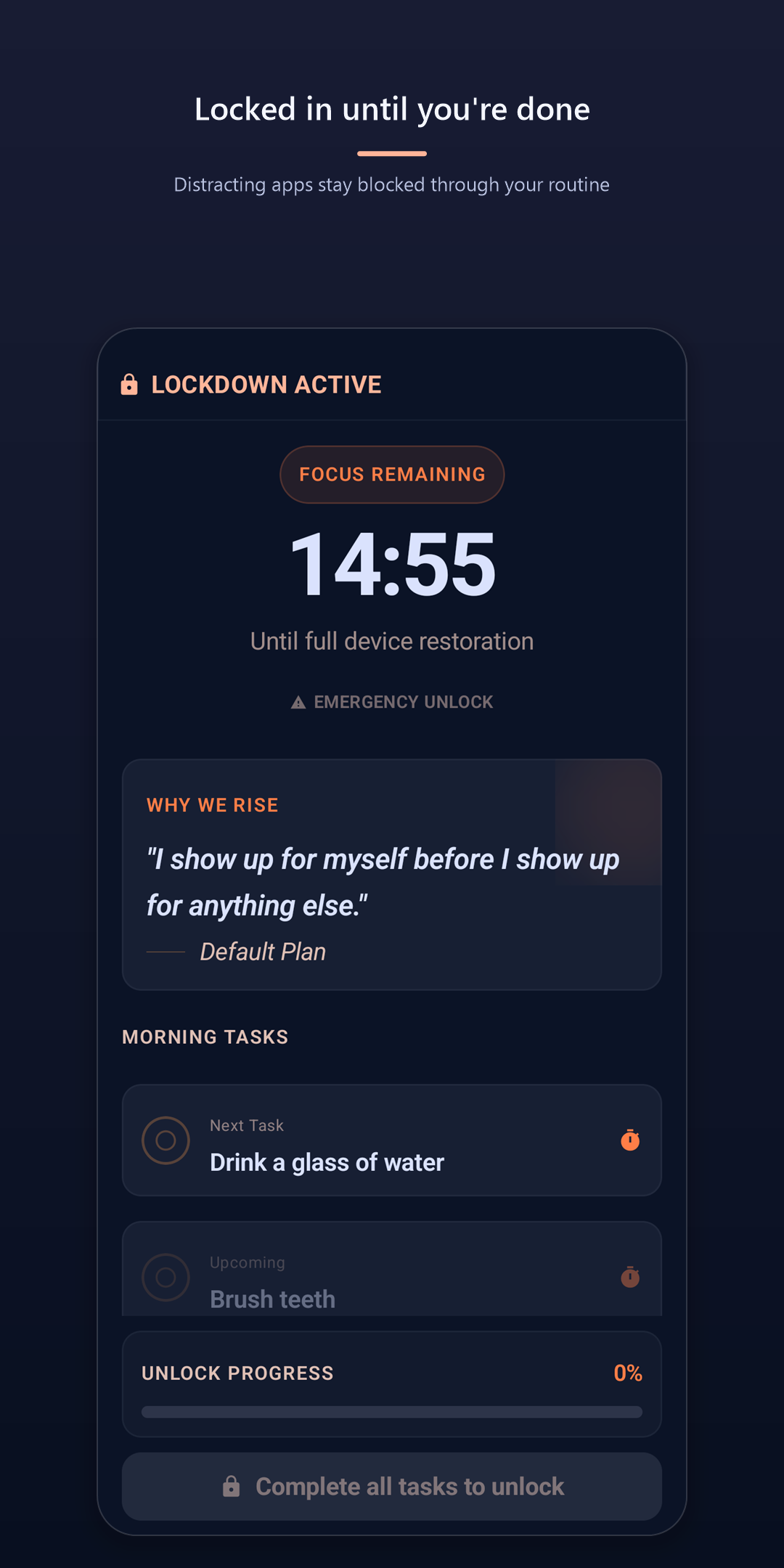 Wake Up Right Free — morning lockdown active with focus timer and unlock progress