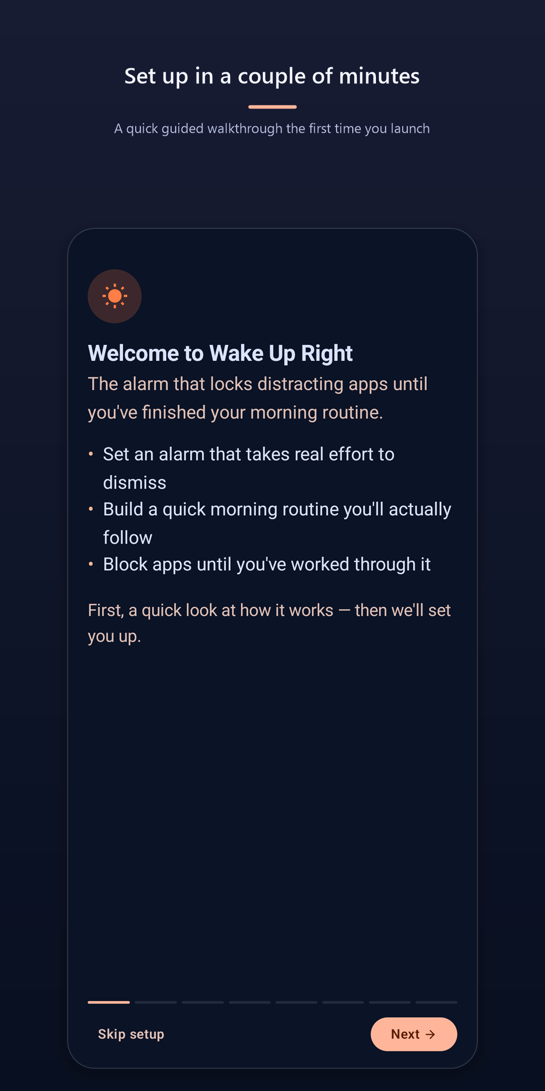 Wake Up Right Free — welcome screen explaining how the app works