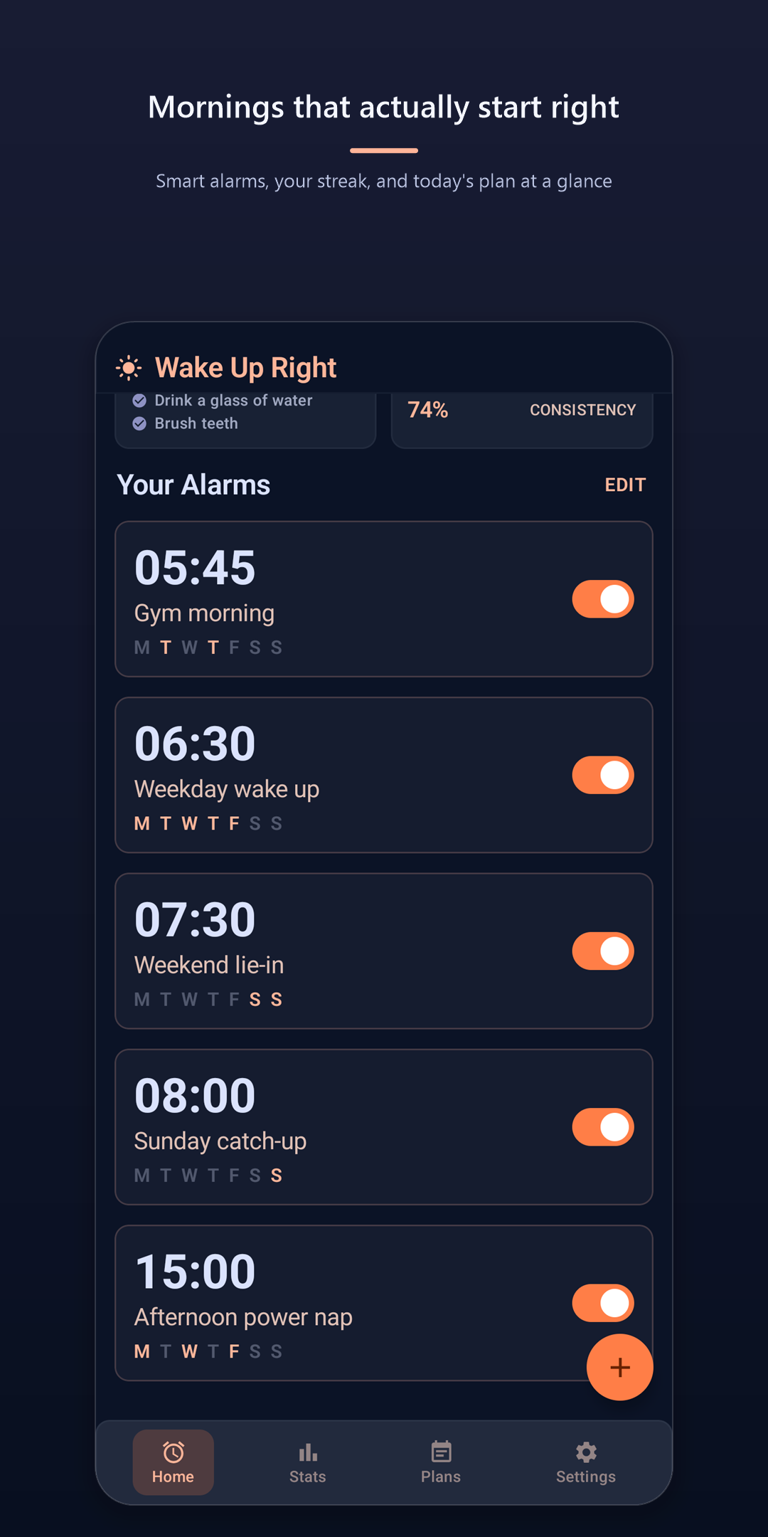 Wake Up Right Pro — home screen with alarms, wake streak, and today's plan