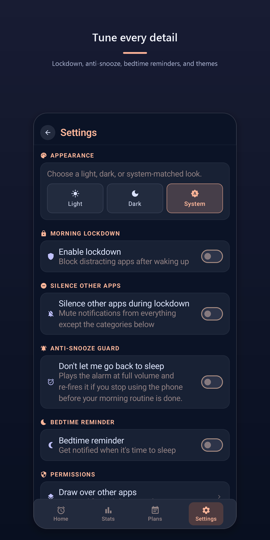 Wake Up Right Pro — settings for appearance, morning lockdown, anti-snooze, and bedtime reminder