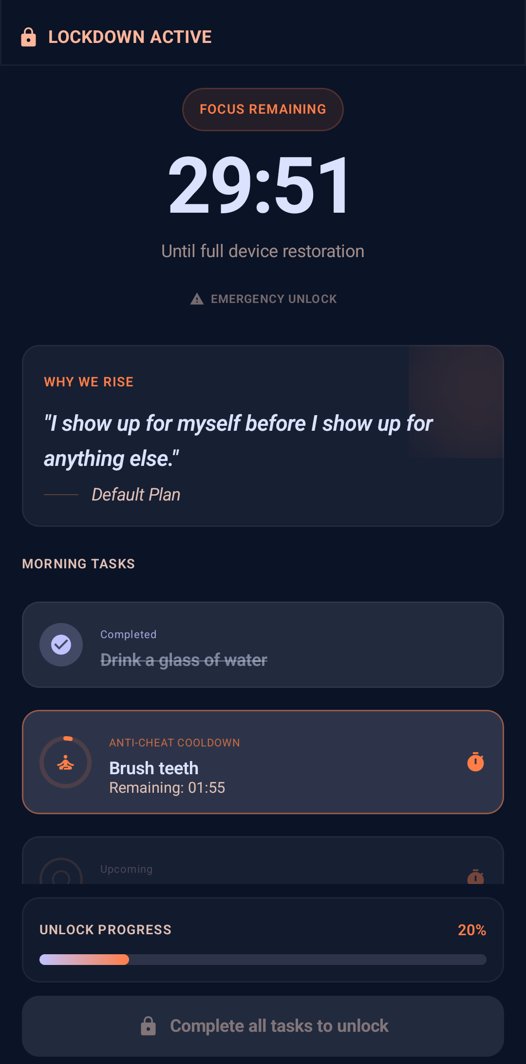 Wake Up Right lockdown active — 29:51 focus timer, morning tasks, and anti-cheat cooldown