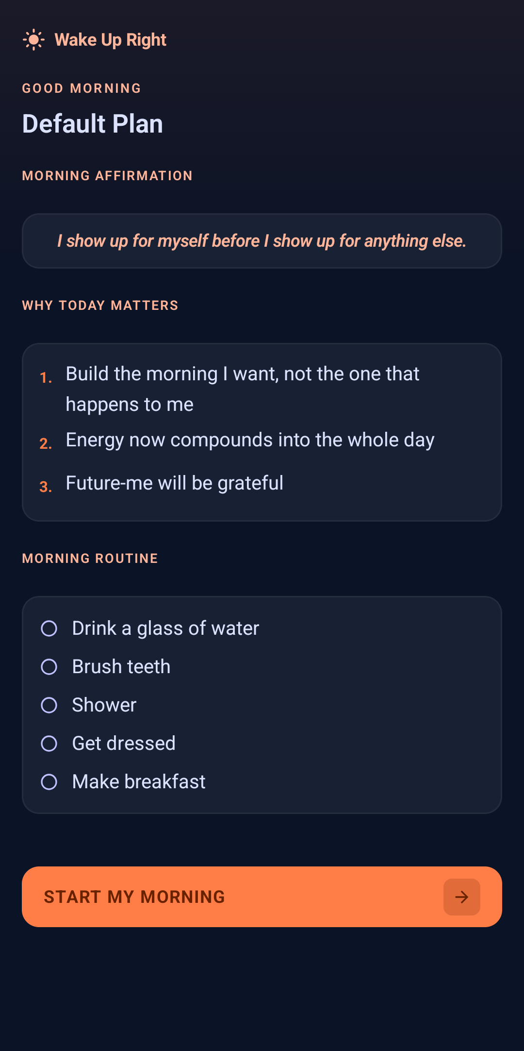 Wake Up Right morning routine plan — affirmation, reasons to get up, and task checklist