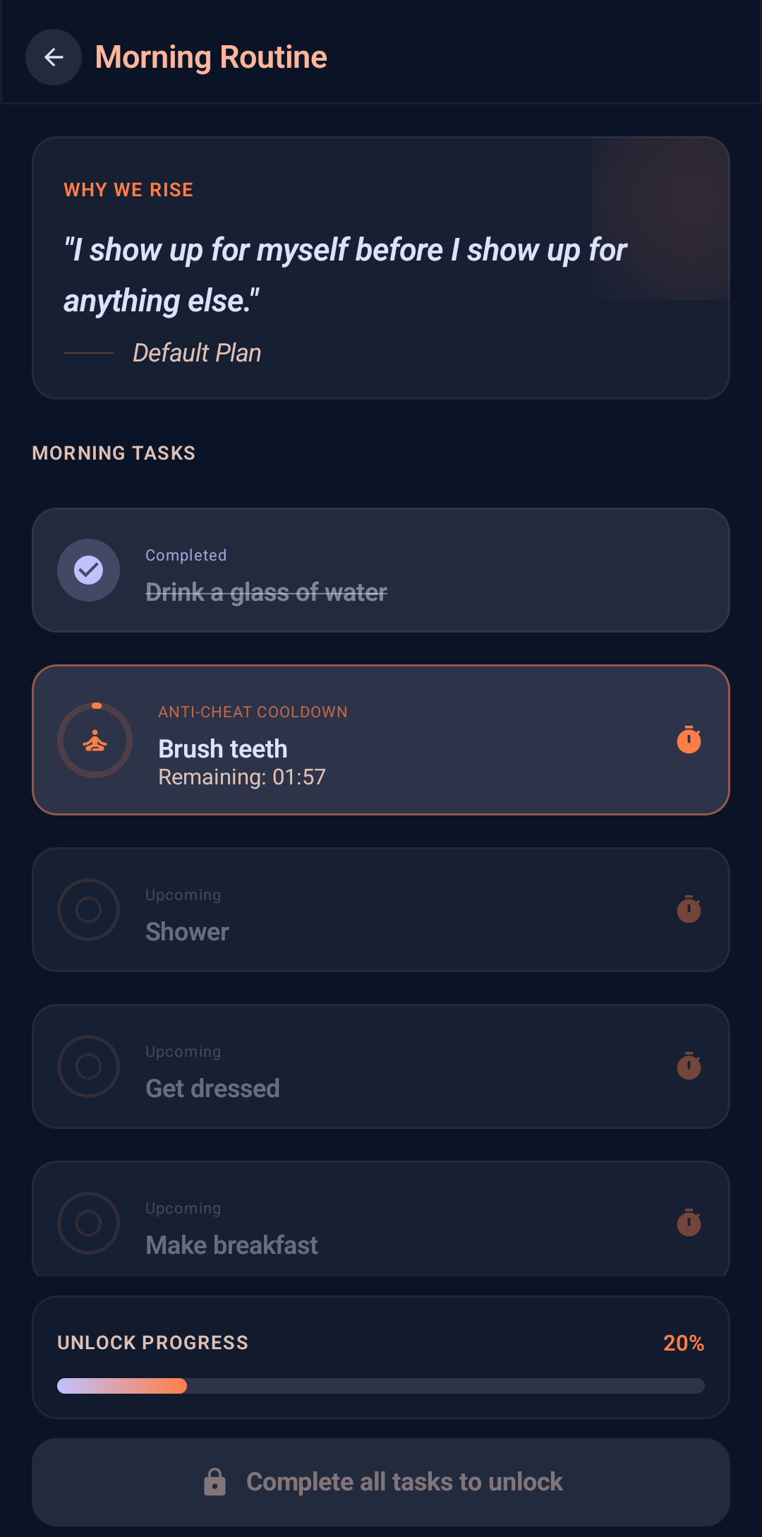 Morning routine checklist with anti-cheat cooldown and unlock progress